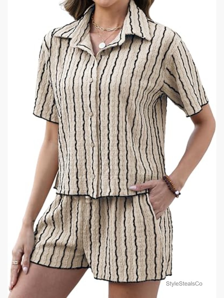 Women's 2 Piece Knit Short Set Button Up Shirt & Shorts Lounge Travel